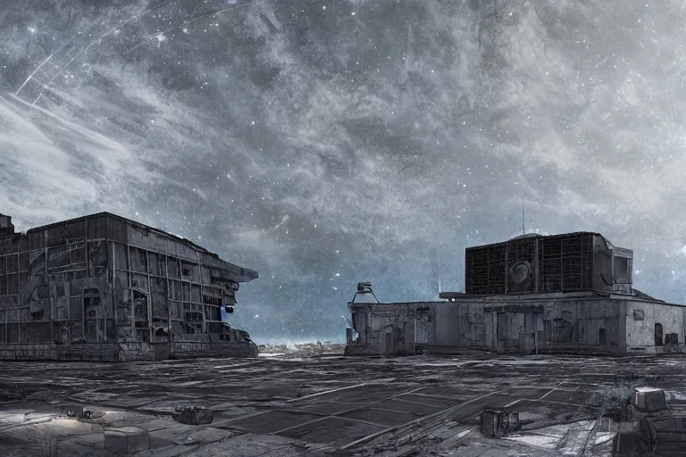 Image similar to matte painting of an outside view of abandoned space station in the deep space