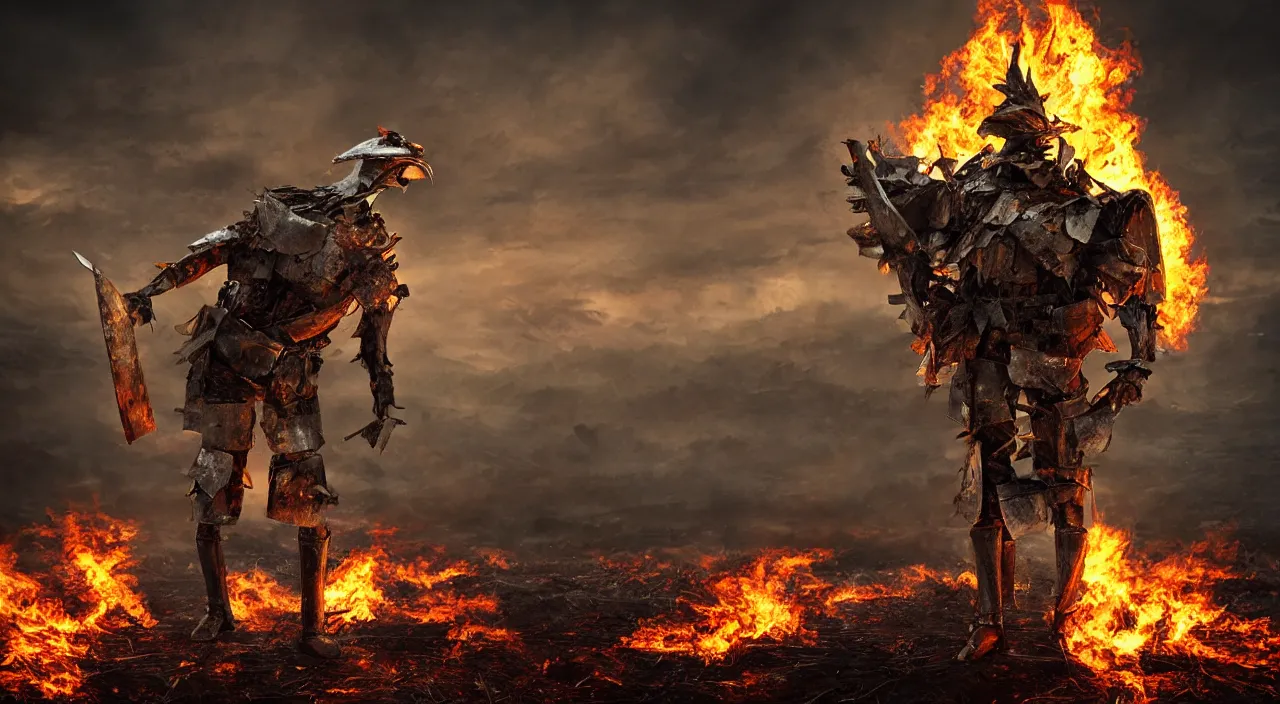 Prompt: chicken wearing suit of armor standing alone in war-torn battlefield with background flames, sharp focus, concept art, elegant, highly detailed, beautiful lighting, distant shot