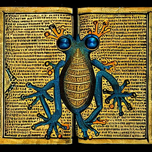 Prompt: a story passed down from generation to generation. gilded bible parable. oldstyle medieval art. gutenberg bible. illustration by monks. frog frog frog.