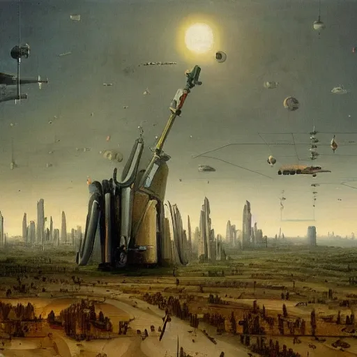 Image similar to A very detailed oil painting of a huge spaceship by Bosch