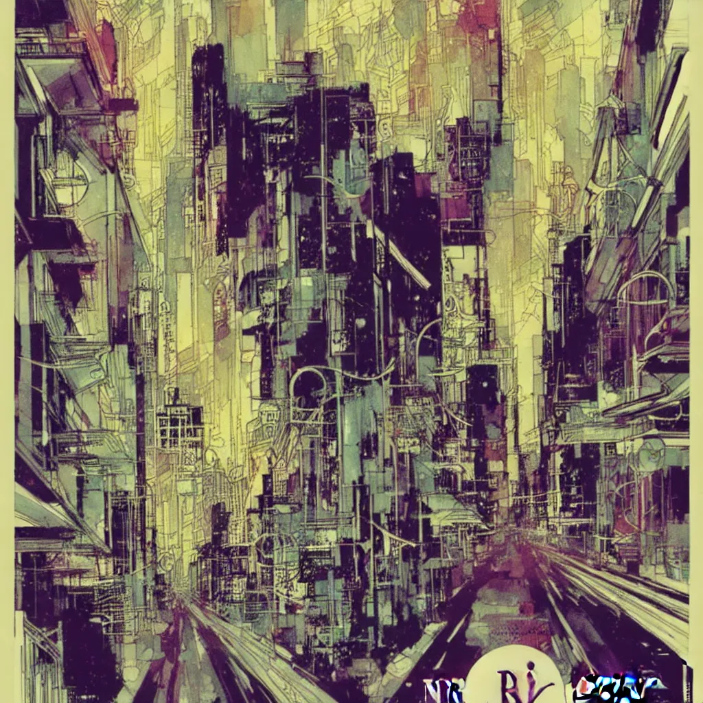 Image similar to bill sienkiewicz art nouveau city