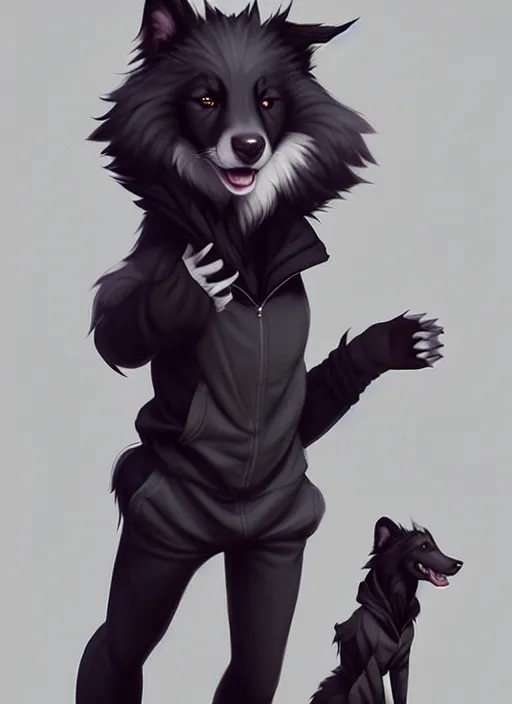 Image similar to wide angle beautiful full body portrait of a cute male anthropomorphic anthro border collie fursona wearing a tracksuit in a dark city, character design by charlie bowater, henry asencio, and ross tran, furry art, furaffinity, beautiful, glamor pose, detailed, aesthetic, trending on artstation