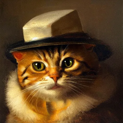 Prompt: a half robot cat wearing a hat, oil painting, atmospheric lighting, highly detailed rembrandt van rijn, aert de gelder, esaias van de velde