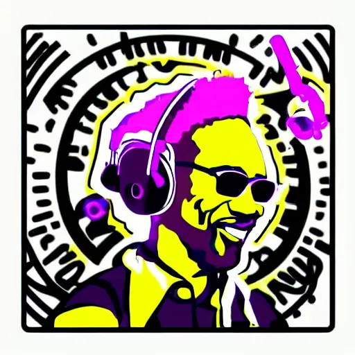 Image similar to svg sticker of a Dancing-Ben-Harper-Snoop-Spike-Lee-with-a-large-Afro-Puff, at a rave, spinning records, giant headphones rocking out, wearing headphones, huge speakers, dancing, rave, DJ, spinning records, digital art, amazing composition, rule-of-thirds, award-winning, trending on artstation, featured on deviantart