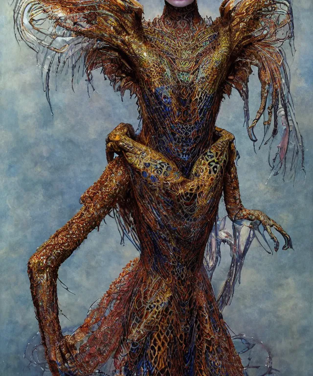 Prompt: a portrait photograph of a fierce sadie sink as a strong alien harpy queen with amphibian skin. she trying on a glowing and fiery lace shiny metal slimy organic membrane parasite dress and transforming into an evil insectoid snake bird. by donato giancola, walton ford, ernst haeckel, peter mohrbacher, hr giger. 8 k, cgsociety