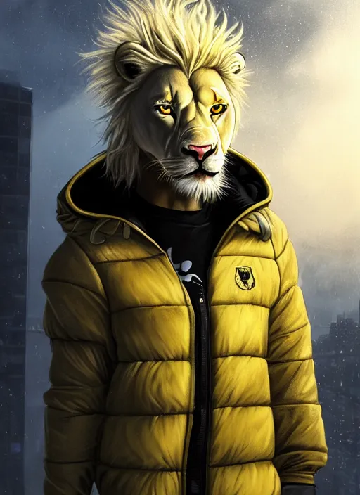 Image similar to aesthetic portrait commission of a of a male fully furry muscular anthro albino lion with a tail and a beautiful attractive hyperdetailed face wearing stylish and creative wearing yellow-black padded hooded puffer jacket outfit in a sci-fi dystopian city at golden hour while it storms in the background with bright police sirens lighting up the subject. Character design by charlie bowater, ross tran, artgerm, and makoto shinkai, detailed, inked, western comic book art, 2021 award winning film poster painting