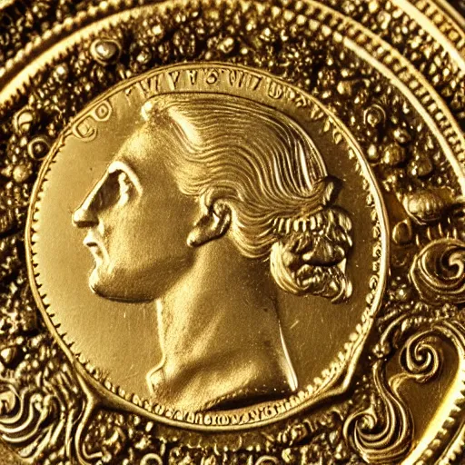 Image similar to close up photo of a gold coin, high detail, complex