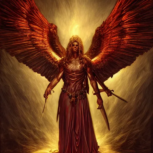 Image similar to photorealistic biblically accurate demonic archangel the style of michael whelan and gustave dore. hyperdetailed photorealism, 1 0 8 megapixels, amazing depth, glowing rich colors, powerful imagery, psychedelic overtones, 3 d finalrender, 3 d shading, cinematic lighting, artstation concept art