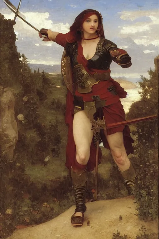 Image similar to leodagan with medieval armour, ballista on background, bouguereau