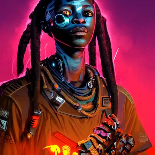 Prompt: a dark and ominous cyborg african child soldier with glowing eyes and dreadlocks, neon graffiti, Apex Legends character digital illustration portrait design, by android jones and greg rutkowski in a cyberpunk voodoo style, retrowave color scheme, detailed, cinematic lighting, wide angle action dynamic portrait