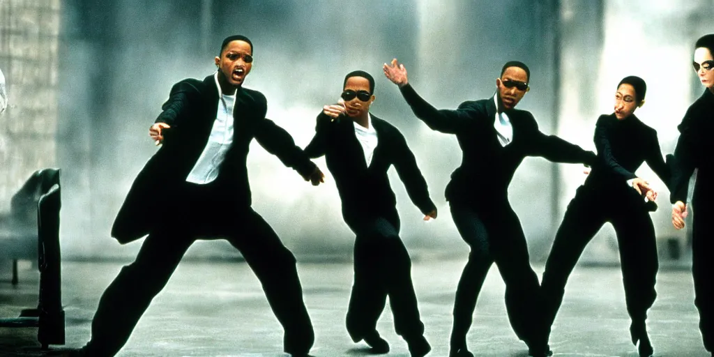 Image similar to the matrix fight scene with will smith as neo, jada pinkett smith as trinity, and chris rock as agent smith