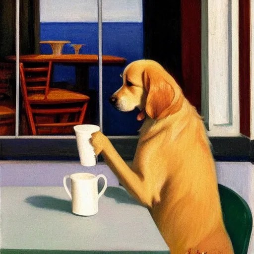 Prompt: Golden retriever puppy sitting at a diner drinking a cup of coffee, looking melancholy, edward hopper