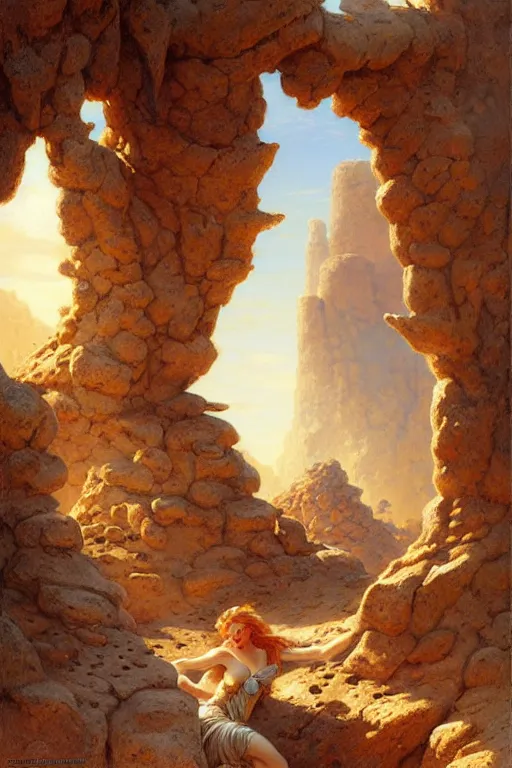 Image similar to a fantasy desert landscape, ruins, bones, rocks, arid ecosystem, digital illustration by gaston bussiere and leyendecker and artgerm, intricate details, surreal, photorealistic, award winning