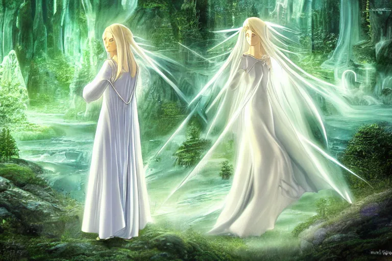 Image similar to tonemapped galadriel by hayao miyazaki, highly detailed,