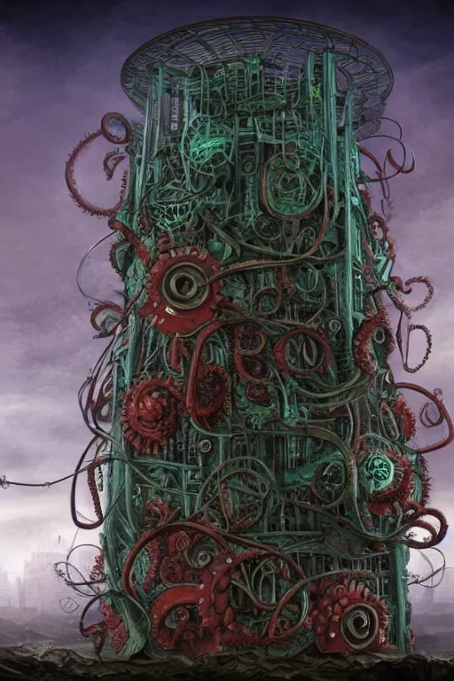 Image similar to lovecraftian biomechanical machine tower with fleshy tendrils and eyeball at top overlooking dystopian wasteland, highly detailed, colorful with red hues