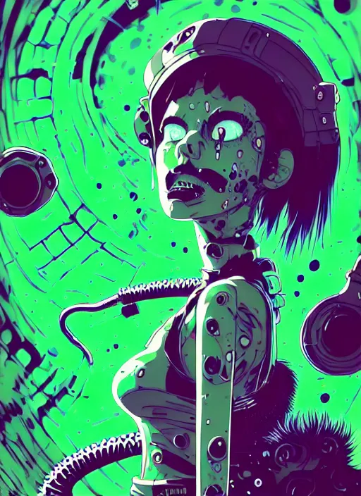 Prompt: highly detailed portrait of a lonely wasteland punk long dripping green poison hair tribal lady, stray neon green sludge hoses by atey ghailan, james gilleard, by joe fenton, by greg rutkowski, by greg tocchini, by kaethe butcher, 4 k resolution, gradient purple, brown black and white color scheme!!! ( ( green flaming robotic sewer background ) )