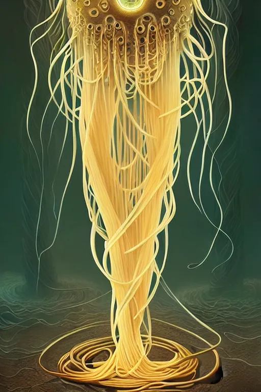 Image similar to beautiful spaghetti jellyfish, ethereal art deco, fantasy, intricate art deco pasta designs, elegant, highly detailed fractals, sharp focus, art by artgerm and beeple and greg rutkowski and wlop