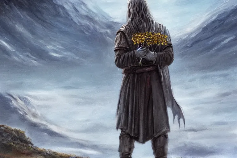 Image similar to concept art, mood painting, environment painting, gondor man holding white flower looking at flower large field autumn october snow capped mountains in background lord of the rings lotr. style of, ryan church, jon mccoy, george hull, painting