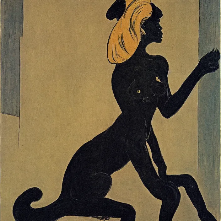 Prompt: portrait of a panther woman. henri de toulouse - lautrec, aubrey beardsley