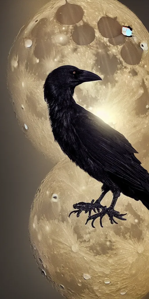 Prompt: close up portrait of one crow in front of the full big moon, fantasy digital art, high definition, 8k, high details, high quality, golden and silver colors, glowing lights in the background