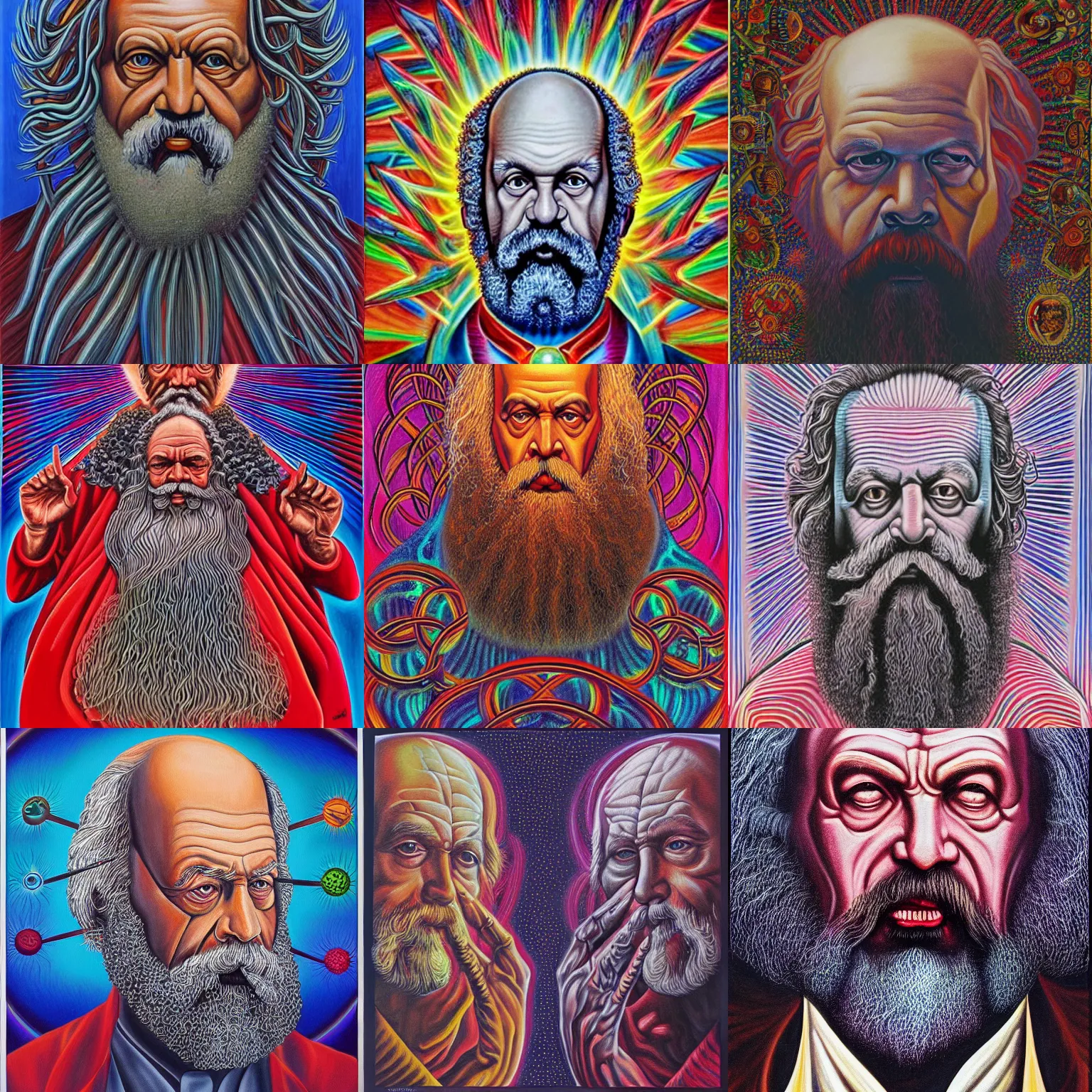 Prompt: a painting by alex Grey of a karl marx transcending his humanity and becoming one with everything