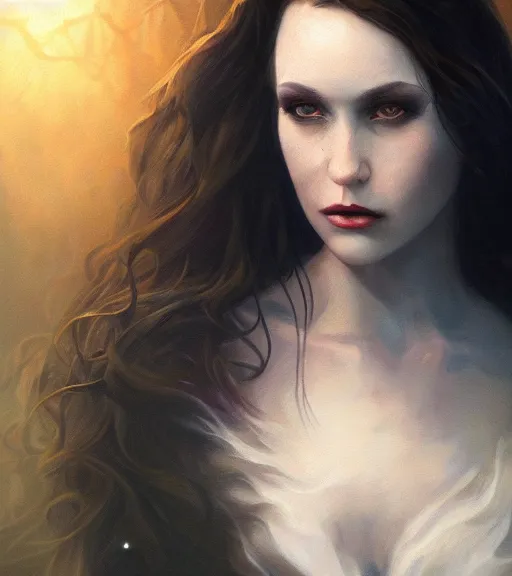 Image similar to majestic gracious!! regal aristocratic!! brunette female vampire portrait, atmospheric lighting, painted, menacing, intricate, volumetric lighting, beautiful, rich deep colours masterpiece, golden hour, sharp focus, ultra detailed, by leesha hannigan, ross tran, thierry doizon, kai carpenter, ignacio fernandez rios