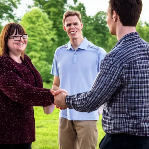 Prompt: jerma985 shaking hands with Cathy Mitchell, wide shot, 4k, professional photography, detailed, film still