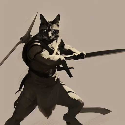 Prompt: character concept portrait, a warrior cat holding a sword in a combat stance. dark background. bright glowing. digital painting, concept art, smooth, sharp focus, illustration, from metal gear, by ruan jia and mandy jurgens and william, adolphe bouguereau, artgerm