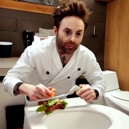 Image similar to Charlie Day eating sushi out of a white toilet bowl, realistic