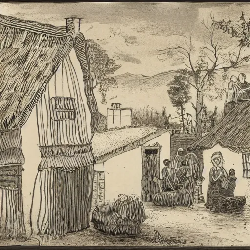 Image similar to 1 9 th century engrave of village life