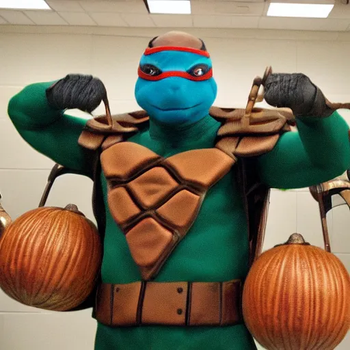 Prompt: Meeting an extraordinary NINJA TURTLE holding two jugs in the backroom of Sears