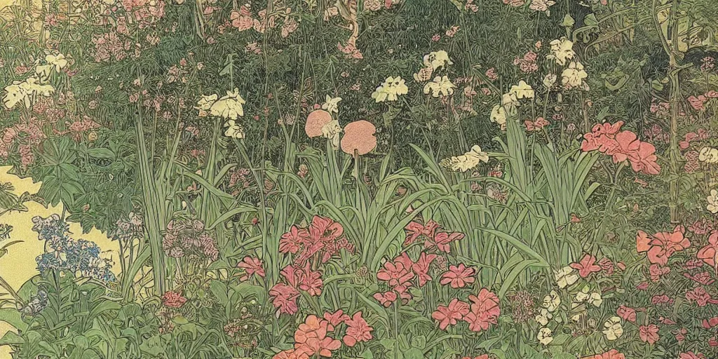 Prompt: an illustration of a beautiful garden, isometric view, painted by ernst haeckel and hasui kawase and alphonse mucha