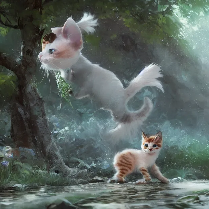 Prompt: a painting of a cute kitten at a river. character design by cory loftis, fenghua zhong, ryohei hase, ismail inceoglu and ruan jia. volumetric light, detailed, rendered in octane