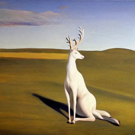 Prompt: Painting of Elle Fanning riding a white deer through the void, by Edward Hopper. 8K. Extremely detailed.