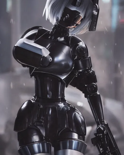 Image similar to film still close - up shot of 2 b nier automata as robocop from the movie robocop. photographic, photography