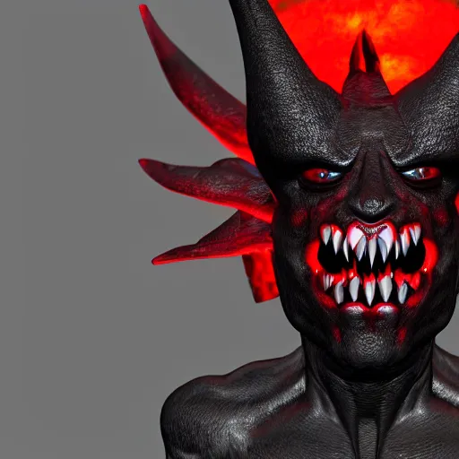 Image similar to black demon with evil face red eyes red mouth, wings, 3 d blender, 8 k, high quality, highly realistic photo realistic