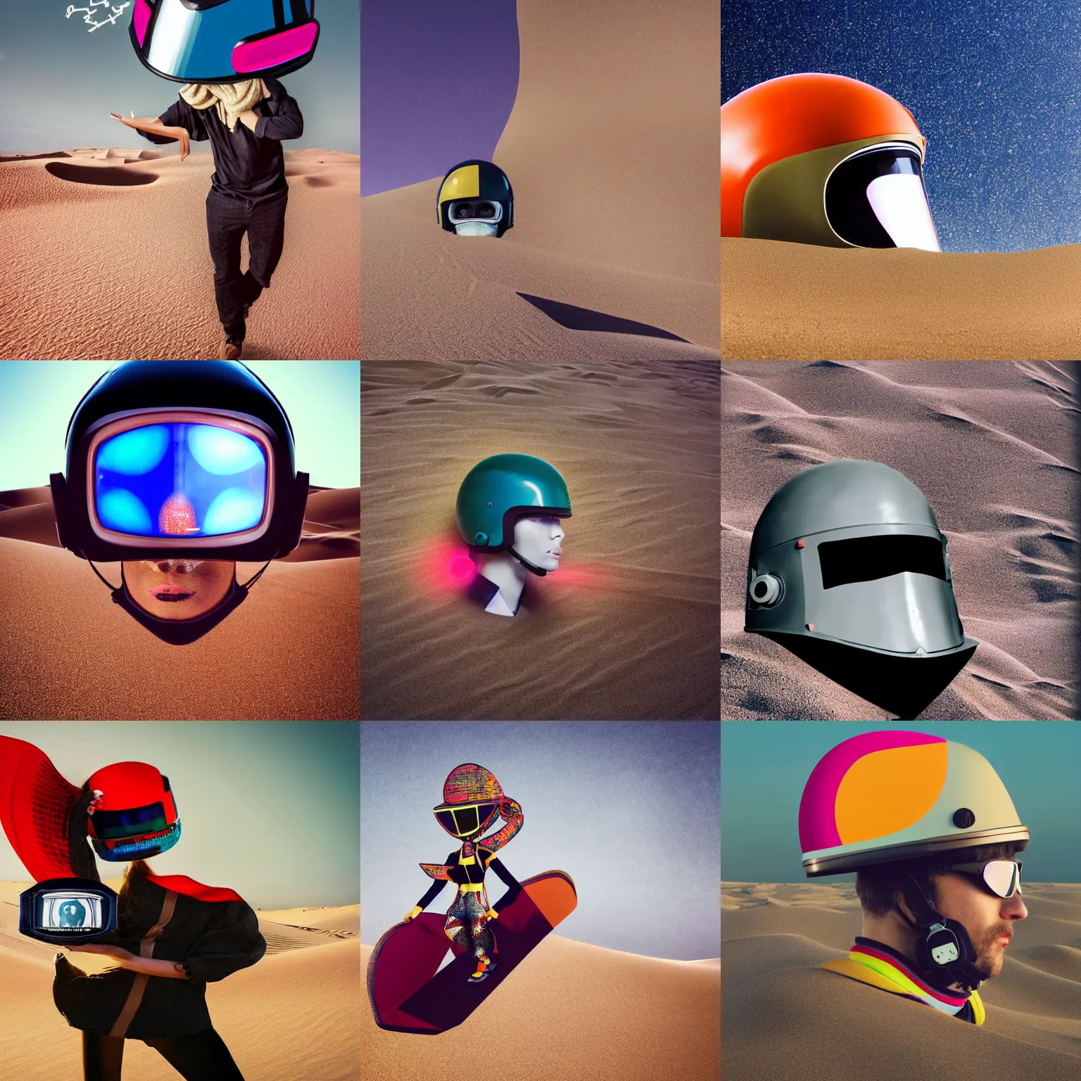 Prompt: A 200ft editorial model flying with a massive cyberfunk digital screen vintage helmet and long scarf in desolated rock sand dunes award winning editorial photo in the style of Memphis group bold colorful shapes as a close up shot F2.8