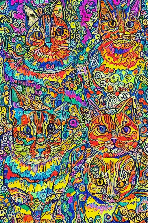 Image similar to Psychedelic cats in the style of Louis Wain