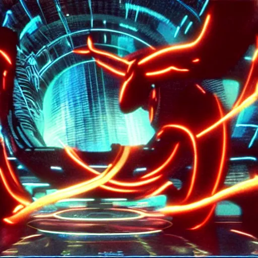 Image similar to a movie still from tron with the balrog from lord of the ring