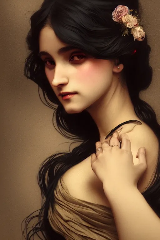 Image similar to 3 / 4 portrait, vampire, brown skin, night, long black hair, beautiful, victorian salon as the background, jewelry, alphonse mucha, william bouguereau, rossdraws, greg rutkowski, super detailed, realistic, octane render, volumetric, cinematic, 8 k