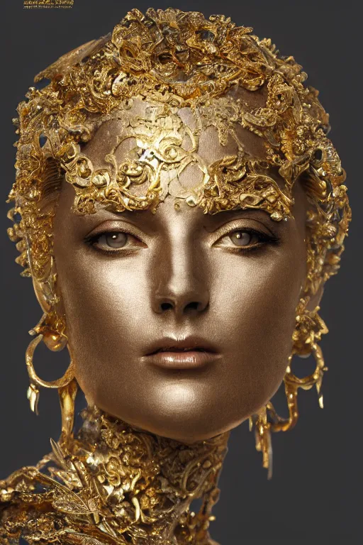 Image similar to sculpture made of gold, portrait, future, shaman, gold, close up, harper's bazaar, vogue, magazine, concept art, ornate, luxury, elite, elegant, trending on artstation, by ruan jia, by Kenneth Willardt, by ross tran, by WLOP, by Andrei Riabovitchev,