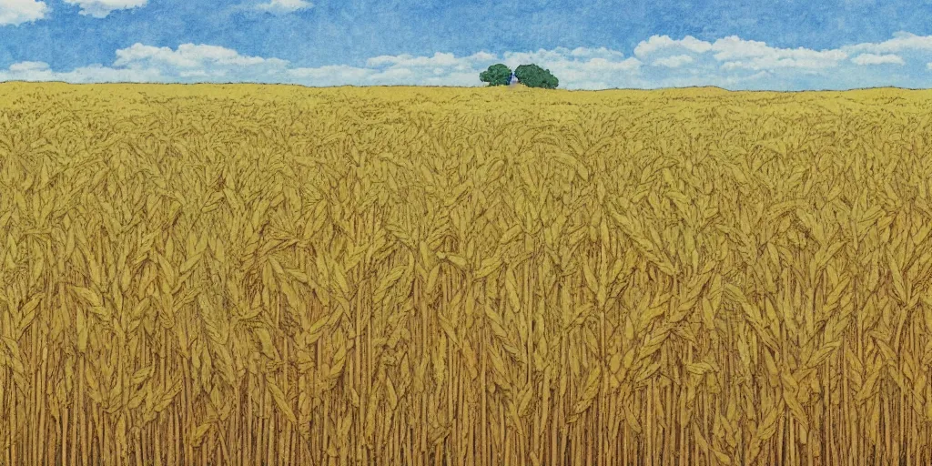 Image similar to an open wheat field, studio ghibli landscape