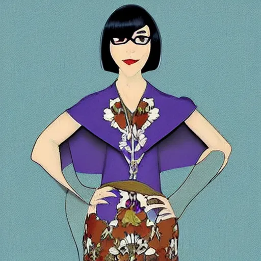 Prompt: edna mode wearing a cape, art nouveau, beautiful