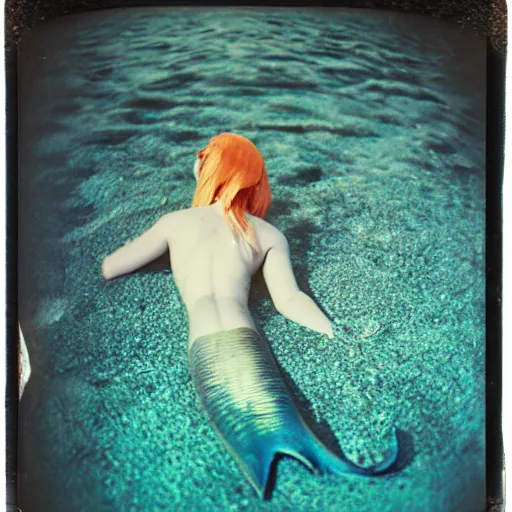 Image similar to weird mermaid, megalophobia, expired film, old polaroid,