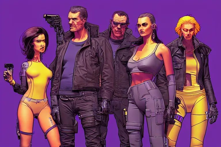 Prompt: cyberpunk heist crew. portrait by stonehouse and mœbius and will eisner and gil elvgren and pixar. character design. realistic proportions. dystopian. cyberpunk 2 0 7 7 character art, blade runner 2 0 4 9 concept art. cel shading. attractive face. thick lines. the team. diverse characters artstationhq..