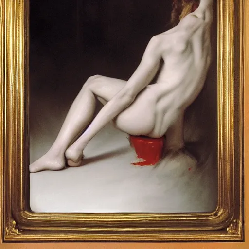 Image similar to an all white human, with no facial features, like a white mask pulled over their face, full body laying in a blood red pool of water between a golden mirror frame, outside is space and inside the mirror frame is a beautiful landscape., physically accurate, dynamic lighting, intricate, elegant, highly detailed, very very Roberto Ferri, sharp focus, illustration, art