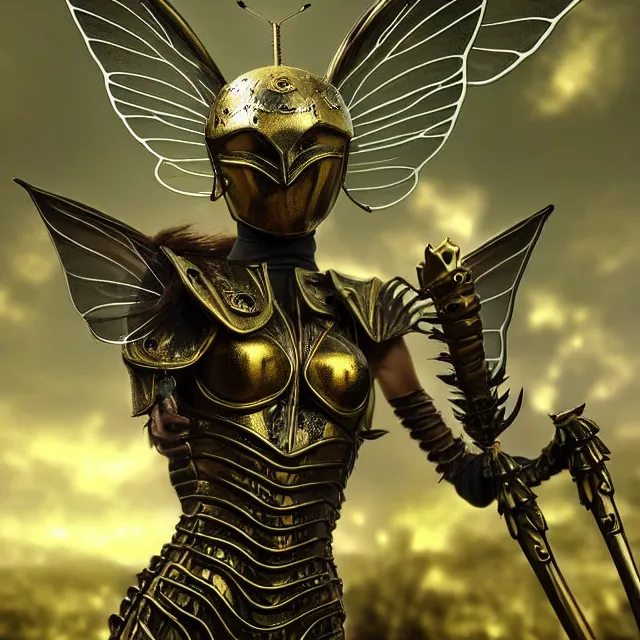 Image similar to adult fairy warrior with insectoid armour, 4 k, hdr, smooth, sharp focus, high resolution, award - winning photo, anne stokes, photorealistic