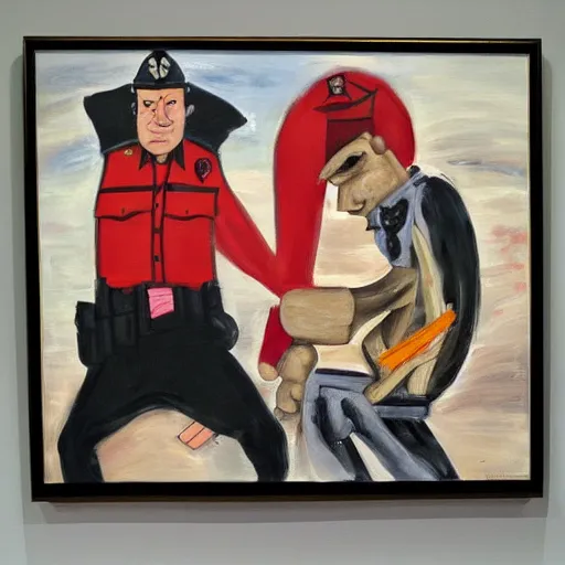 Prompt: a painting of a cop putting down a man by george condo