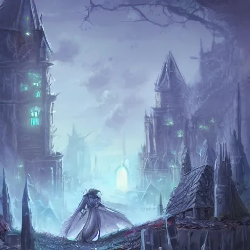 Image similar to fantasy art of death mage on a abandoned city, trending on artstation