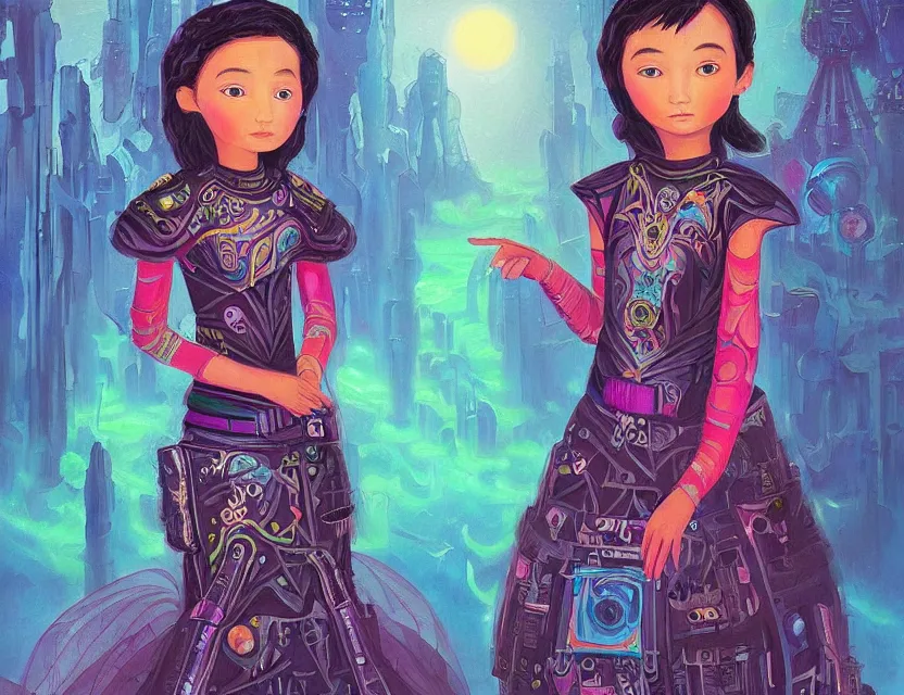 Prompt: central asian scifi princess of the cloud forest, wearing a lovely dress with cyberpunk details. this oil painting by the beloved children's book author has an interesting color scheme and impeccable lighting.